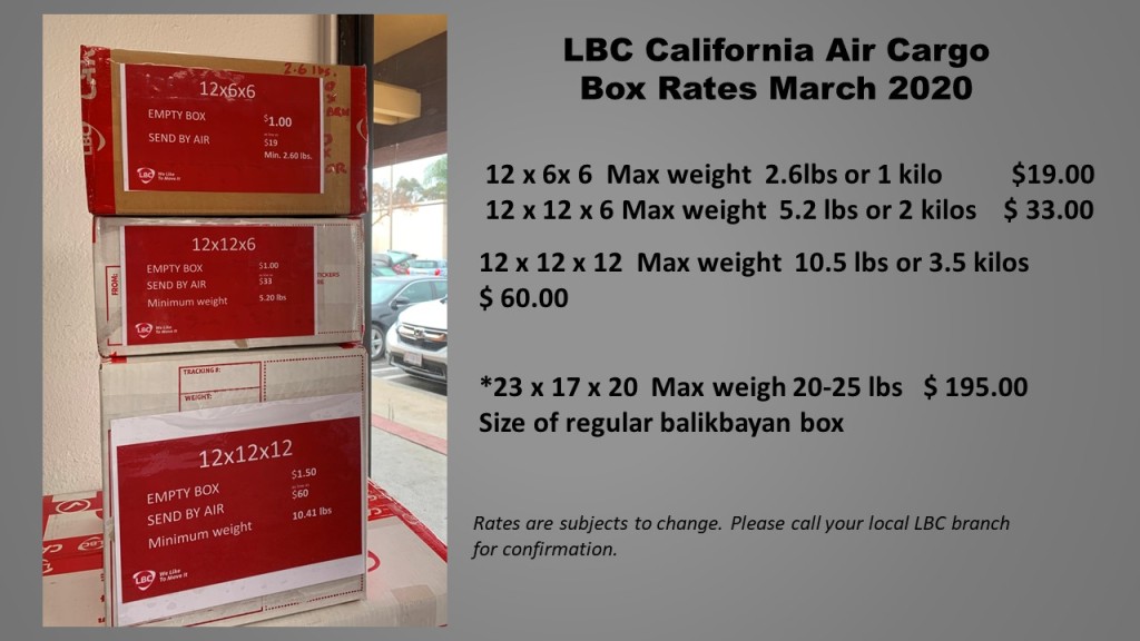 LBC Air Cargo Box Rates in California for Manila Delivery
